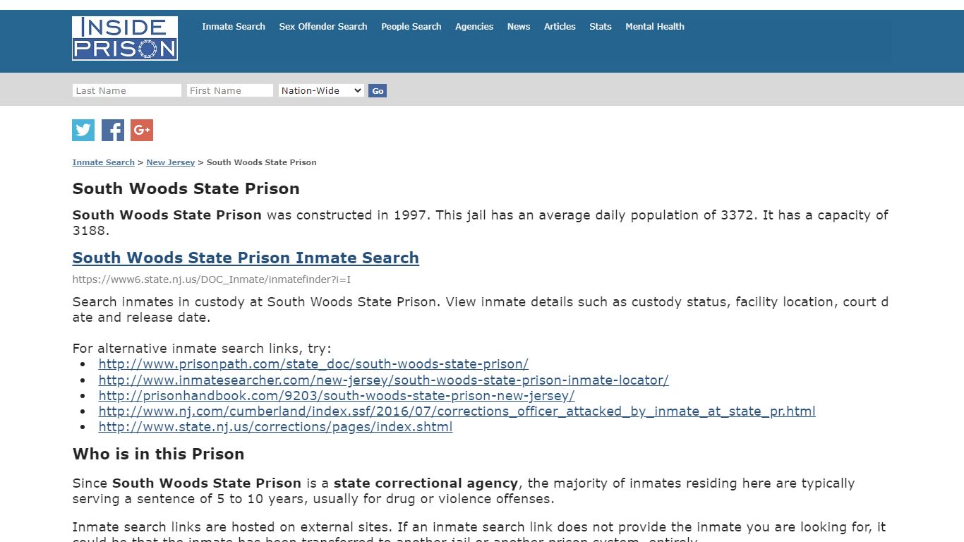 South Woods State Prison - New Jersey - Inmate Search